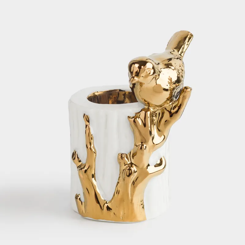 Toothpick stand, 8 cm, ceramic, milky gold, Bird on a branch, Paradise garden