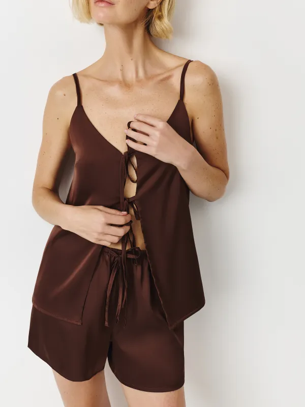 Women's top, homewear, size L, straps, polyester, brown, Derin, image-1