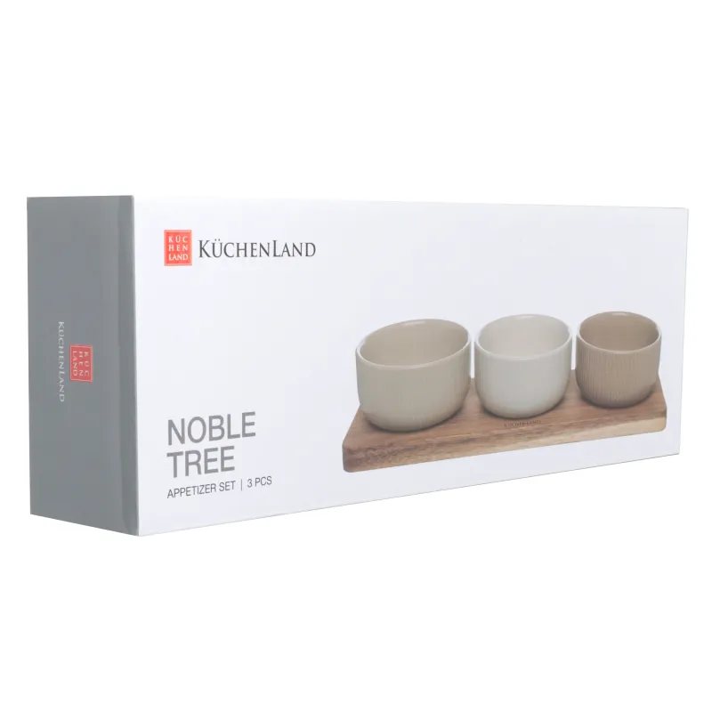 Snack set, 3 pcs, on a stand, ceramic / wood, mix, Ribbed bowls, Noble tree, image-4