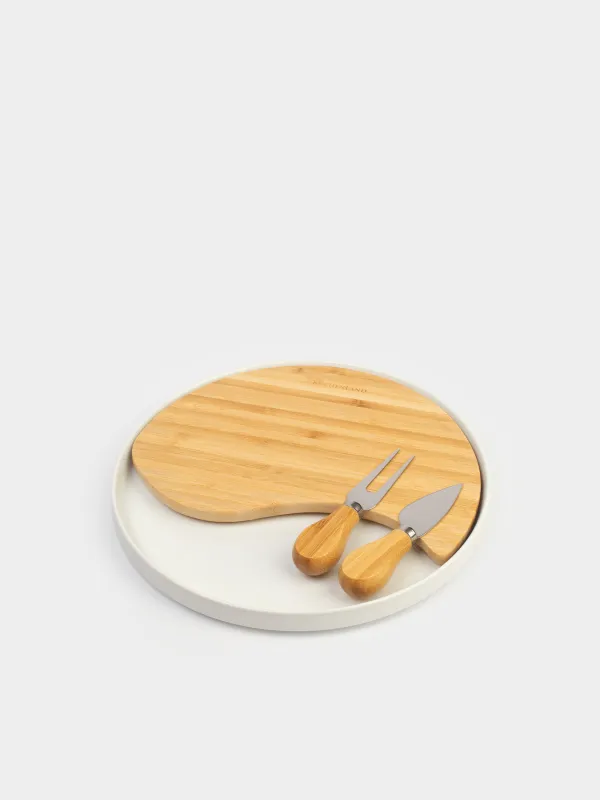 Cheese set, 4 items, dish-board on stand, ceramic / Bamboo, Circle, Cheese, image-0