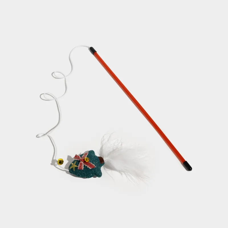 Cat fishing toy, 90 cm, with bell, Plastic / polyester, Christmas Tree, Christmas pet