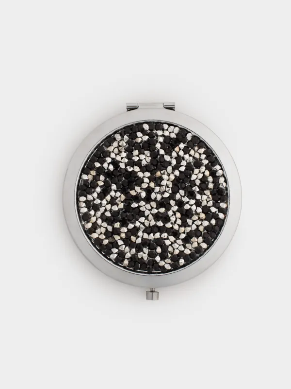 Pocket mirror, 7 cm, double-sided, steel, silver, Black sequins, Actress, image-3