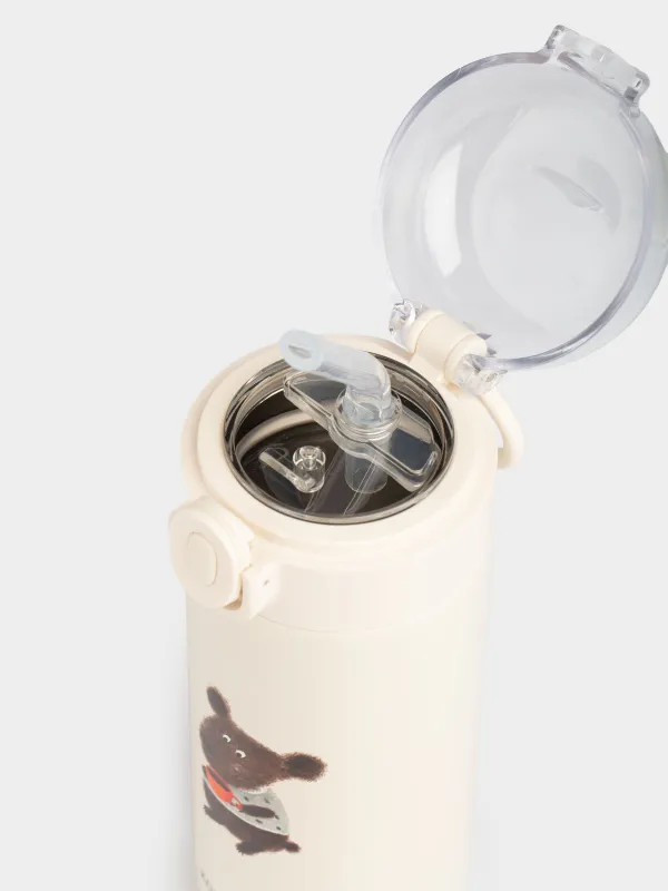 Children's thermos flask, 320 ml, with tube, steel / plastic, beige, DESIGN, Cute vessel, image-3