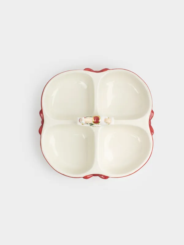 Divided plate, with decor, 24x11 cm, 4 compartments, ceramic, white and red, rocking horse, Christmas miracle classic, image-3