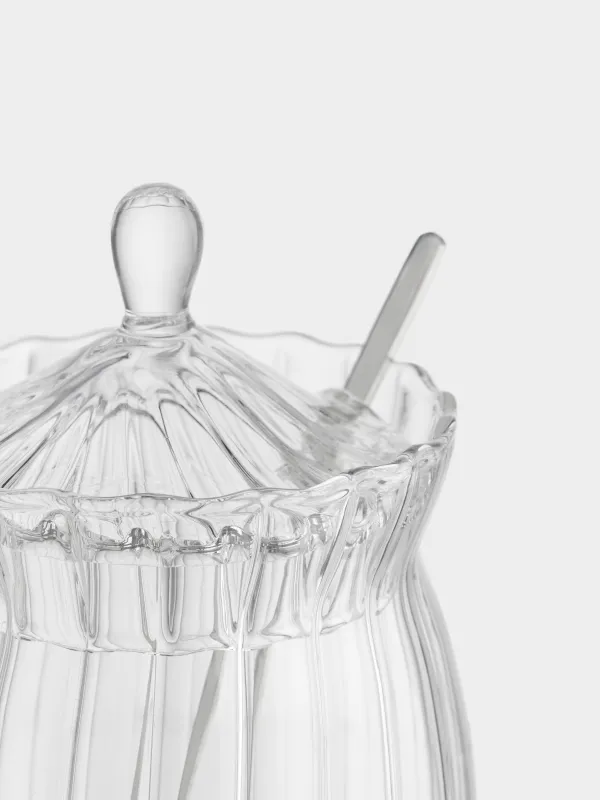 Sugar bowl, 12 cm, 350 ml, with spoon, glass R / steel, Camellia, image-3