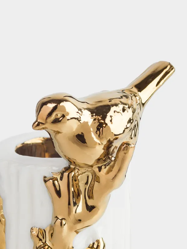 Toothpick stand, 8 cm, ceramic, milky gold, Bird on a branch, Paradise garden, image-2