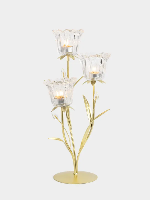 Candlestick, 45 cm, 3 tea candles, glass / metal, golden, Flowers, Fantastic flowers, image-3