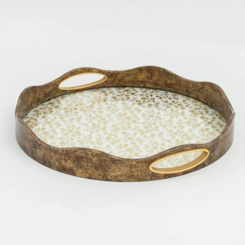 Tray, 35 cm, plastic / glass, round, Golden, Flowers, Floral, image-1