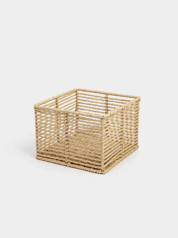 Storage organizer basket, 20x20x14 cm, wicker, cellulose/metal, square, beige, Braided, image-2
