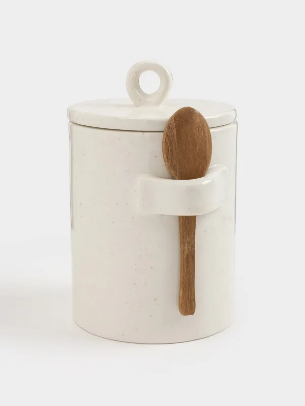 Storage container, 16 cm, 750 ml, with spoon, ceramic / wood, milky, speckled, Delicia, image-4