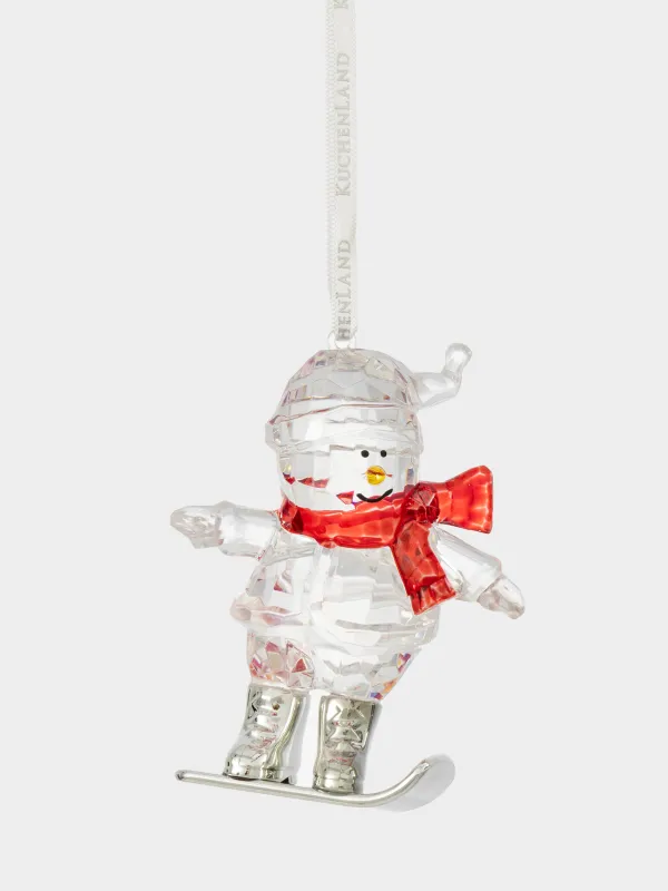 Christmas tree toy, 9 cm, acrylic / metal, silver, Snowman on snowboard, Figure crystal, image-0