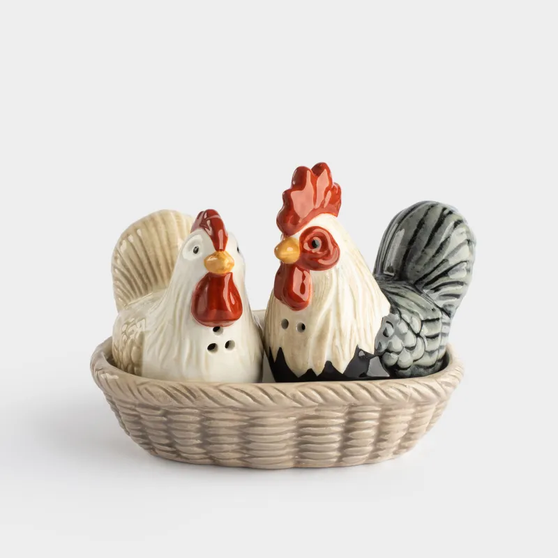 Salt and pepper set, 13 cm, on a stand, ceramic, Rooster and chicken in a basket, Rooster