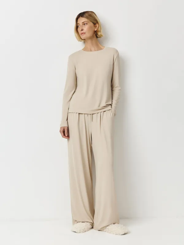 Women's trousers, homewear, size L, wide, bamboo/spandex, sand, Zerita, image-0