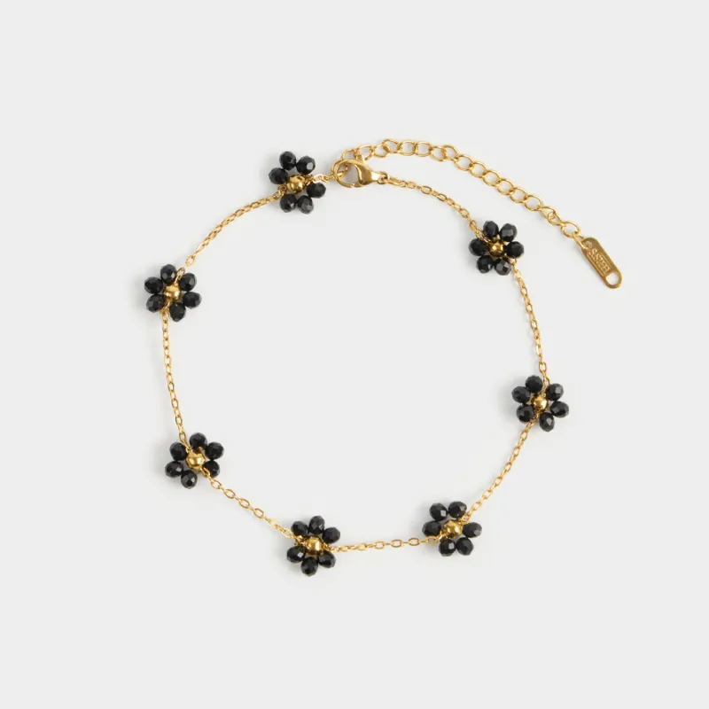 Anklet, 30 cm, metal / glass, black, Flowers, Jewelry flower