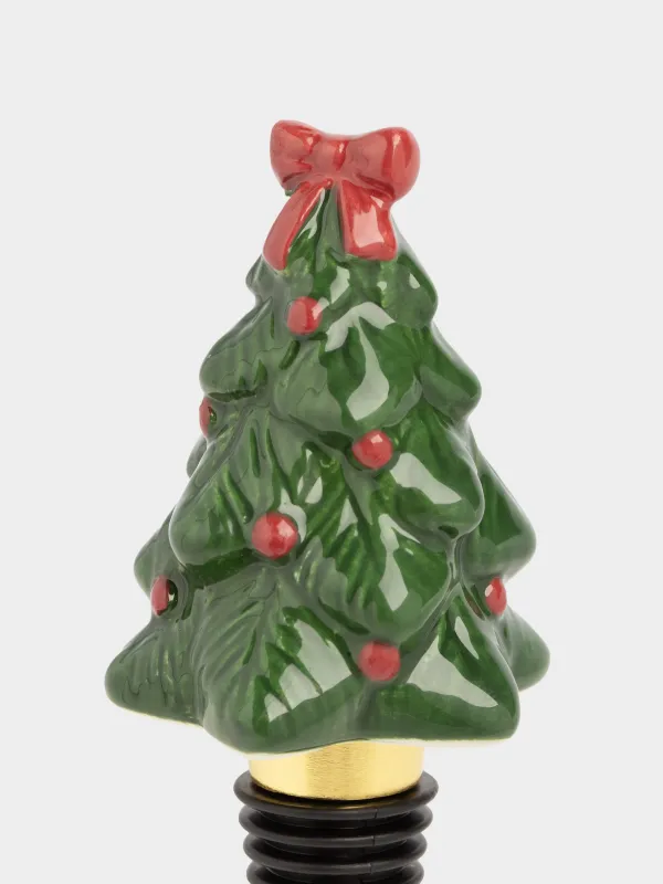 Wine bottle stopper, 12 cm, metal / ceramic, green, Spruce with bow, Christmas traditions, image-1
