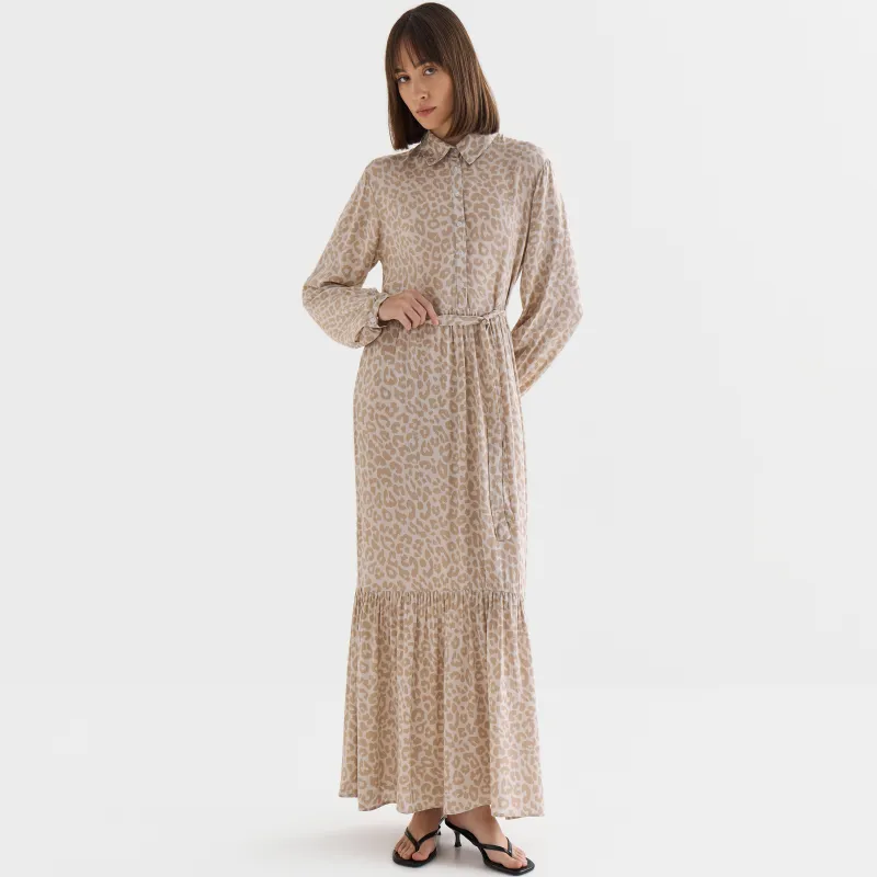 Women's dress, maxi, size L, with long sleeves, viscose, Gray-beige, Leopard, Becky