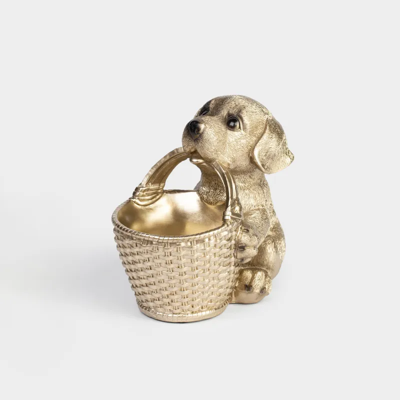 Candy bowl, 19x18 cm, with handle, polyresin, beige, Labrador with basket, Dog