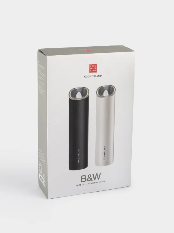 Spice mill, 20 cm, 2 pcs, Gravity, Plastic, LED W, White / Black, B&W, image-4