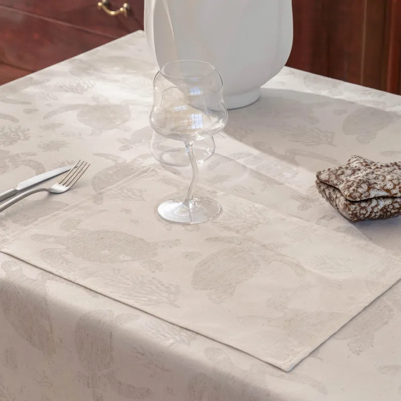 Placemat, 30x45 cm, jacquard, polyester / linen, beige, Turtles, Marine turtles