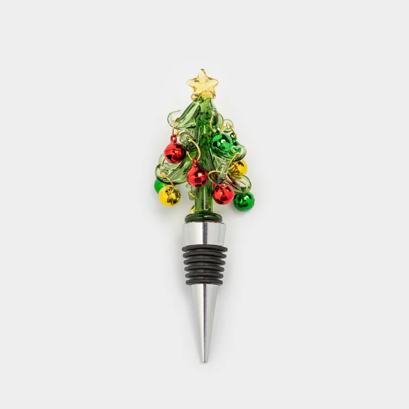 Wine bottle stopper, 10 cm, metal/glass, green, Christmas tree, Christmas traditions
