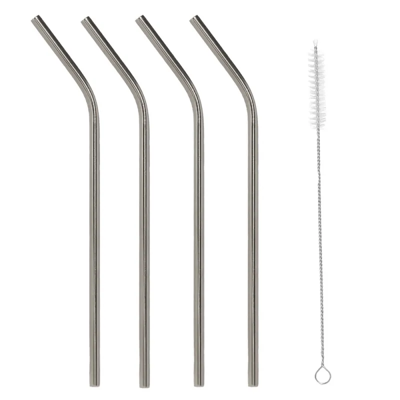 Drinking tube, 21 cm, 4 pcs, with brush, steel, silver, Classic, image-0