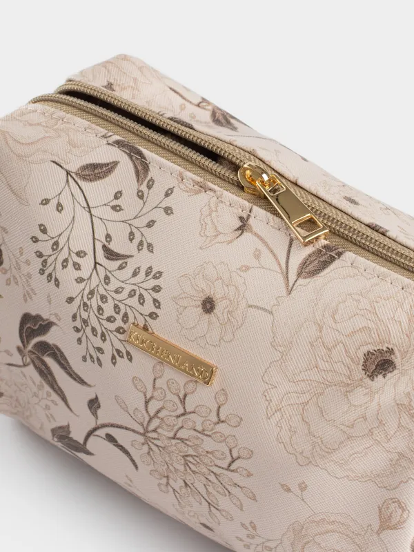 Cosmetic bag, 21x13 cm, polyurethane, beige, Brown flowers, Brown flowers, image-6
