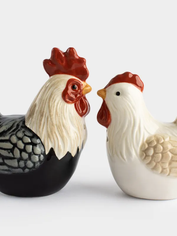 Salt and pepper set, 13 cm, on a stand, ceramic, Rooster and chicken in a basket, Rooster, image-5
