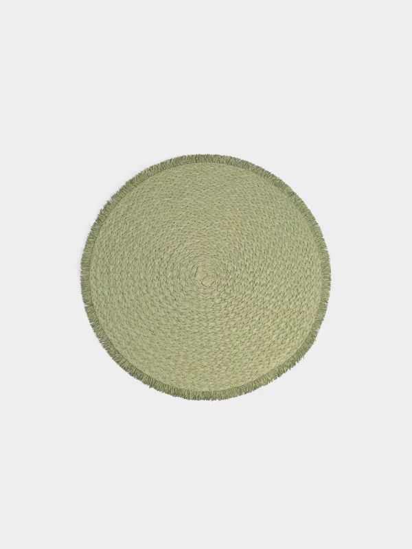 Placemat, 38 cm, fringed, cellulose, round, green, Straw, image-0