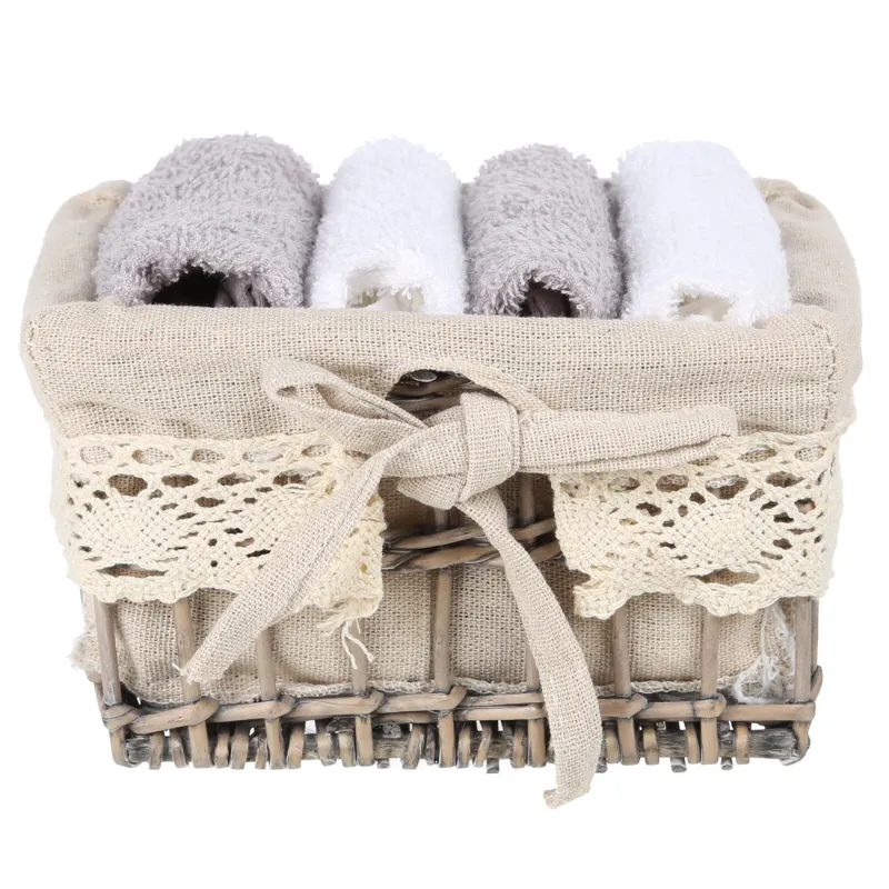 Towel, 30x30 cm, 4 pcs, in a basket, cotton / wood, white / gray, Basket towel