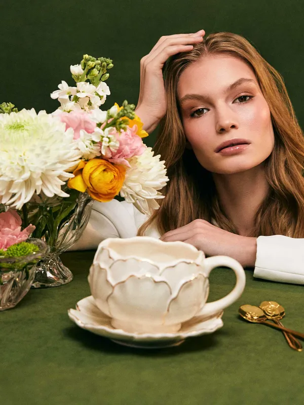 Breakfast tea pair, 1 person, 2 items, 450 ml, porcelain P, milky golden, Peony, Bloome, image-6