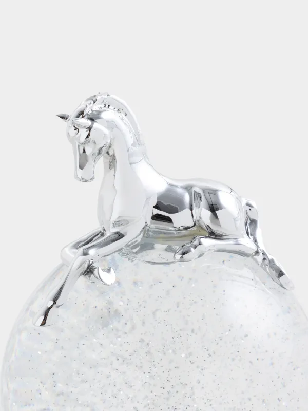 Snow lantern, 21 cm, illuminated, plastic, silver, Horse on a ball, Silver style, image-1