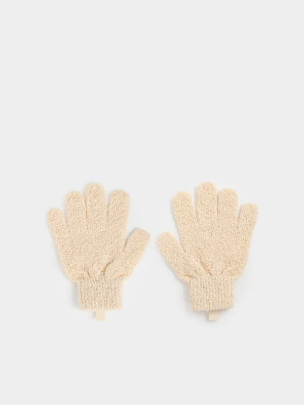 Body wash glove, 21 cm, 2 pcs, exfoliating, polyester/nylon, beige, Unique spa, image-0