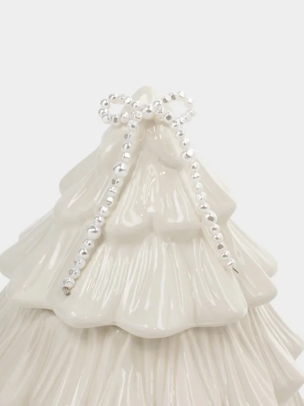 Storage container, 16x16 cm, 650 ml, ceramic / beads, milky, Spruce with bow, Pearl Antarctica, image-1