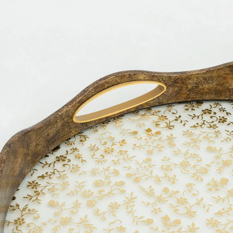 Tray, 35 cm, plastic / glass, round, Golden, Flowers, Floral, image-6