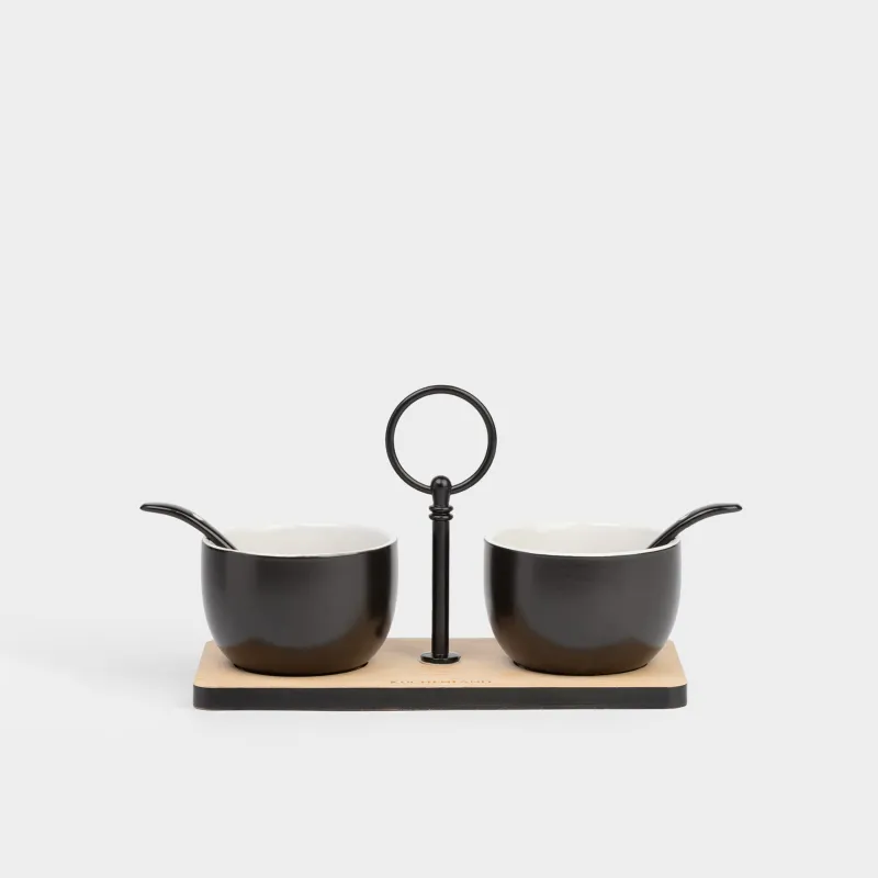 Jam/sugar bowl, 120 ml, 2 pcs, with spoon/stand, ceramic / bamboo, black, Loft