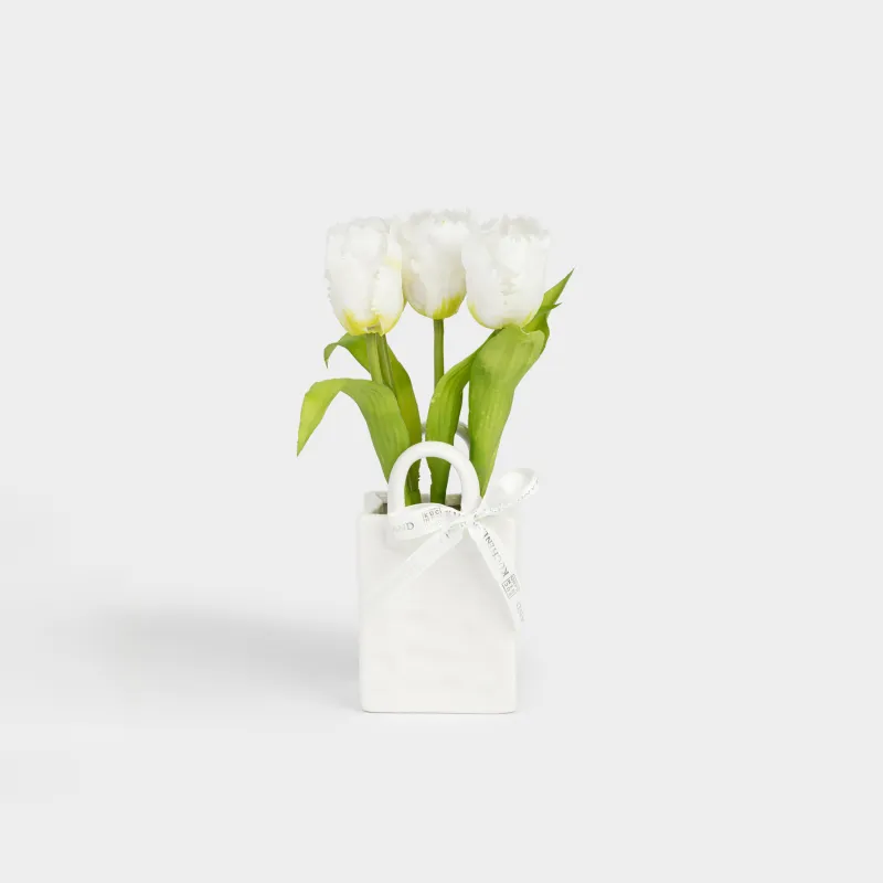 Artificial bouquet, 25 cm, in a vase, TPE / ceramic, White tulips, Tulip garden