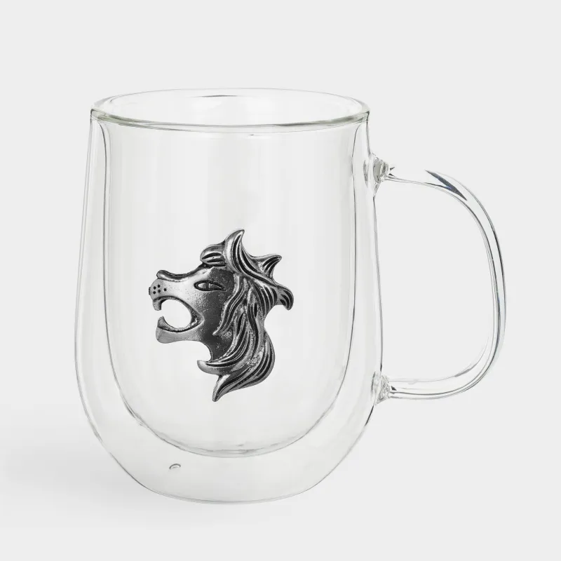 Mug, 350 ml, glass B / metal, silver, Lion, Air zodiac