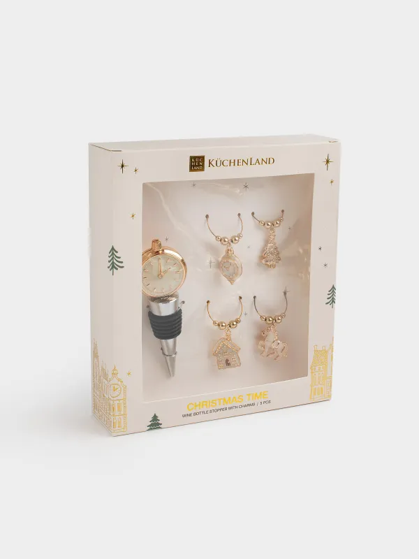 Bottle stopper with pendants, 5 items, metal / rhinestones, Clock, Christmas time, image-5