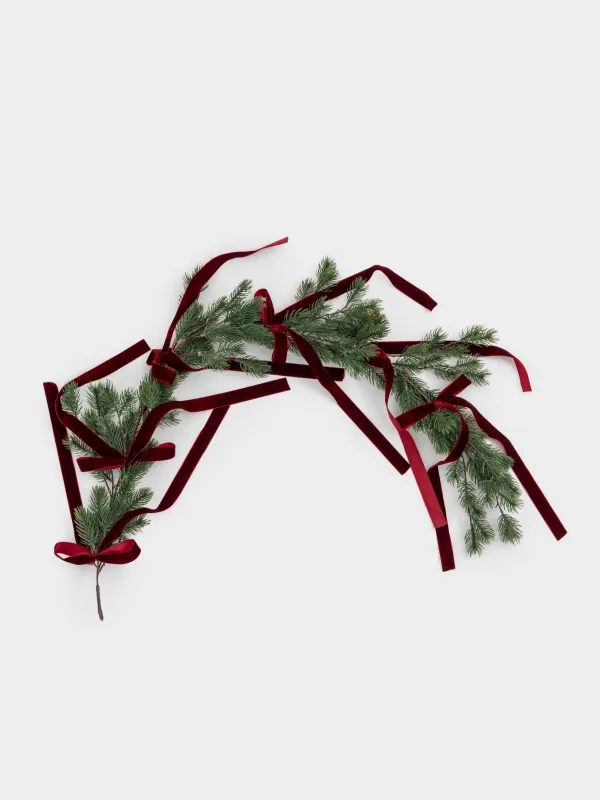 Decorative garland branch, 1.3 m, polyethylene, Spruce with red bows, Conifer decor, image-0