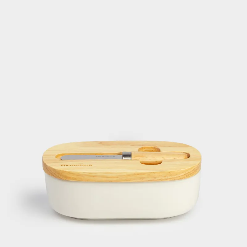 Butter dish, 15 cm, with knife, porcelain N / wood, oval, Light kitchen