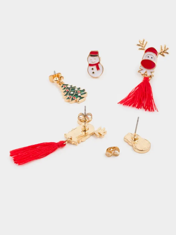 Stud earrings, 1/2/4 cm, 6 pieces, metal, gold, Snowman/Christmas Tree / Deer, Jewelry christmas, image-3