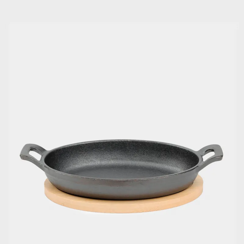 Frying pan, 18 cm, on a stand, with handles, cast iron / bamboo, oval, black, Authentic