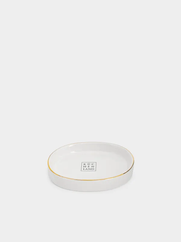 Soap dish, 11. 5x8. 5 cm, ceramic, oval, white-gold, Freya, image-1