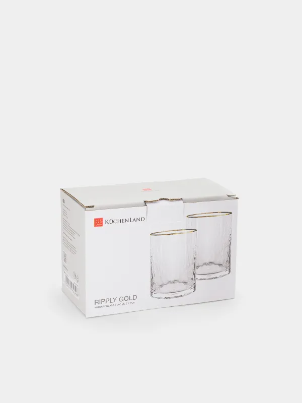 Drinking glass, 10 cm, 300 ml, 2 pcs, glass, with golden edging, Ripply gold, image-4