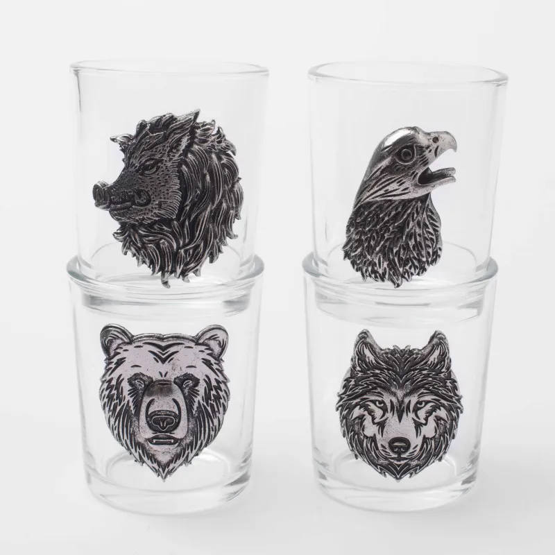 Drinking glass, 80 ml, 4 pcs, on a stand, glass/metal/tree, Eagle and beasts, Lux elements decor, image-3