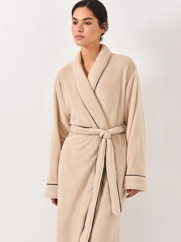 Women's robe, homewear, size L / XL, with long sleeves, fleece, beige, Black edging, Jack, image-1