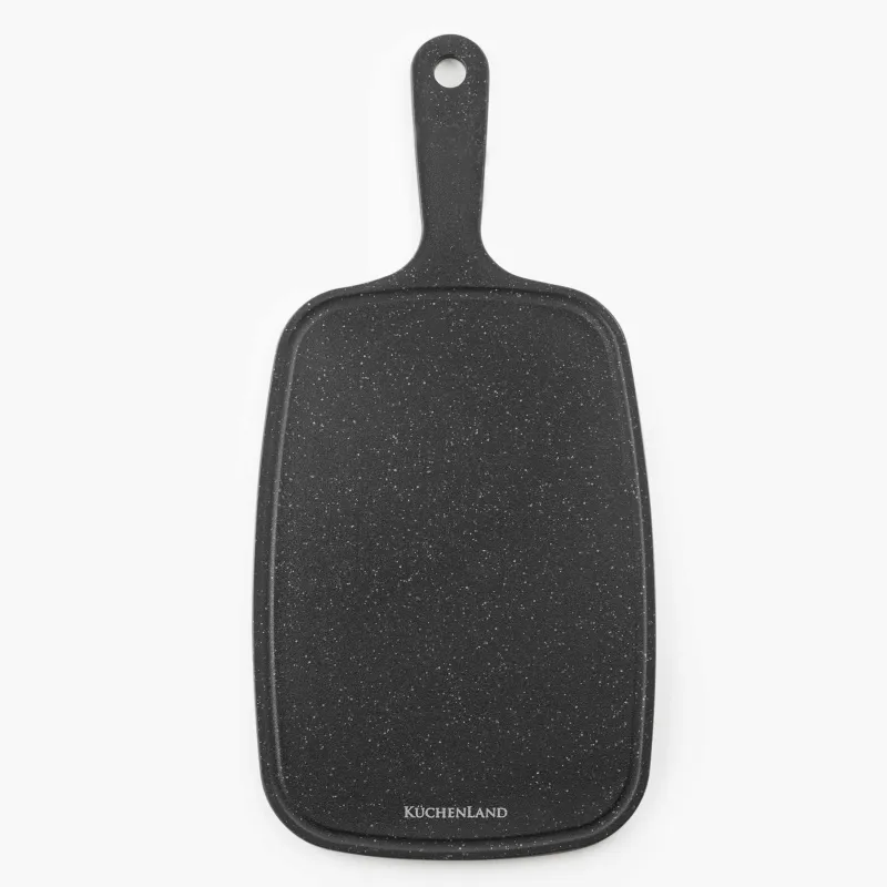 Cutting board, 41x19 cm, with handle, plastic, black, speckled, Steel speckled