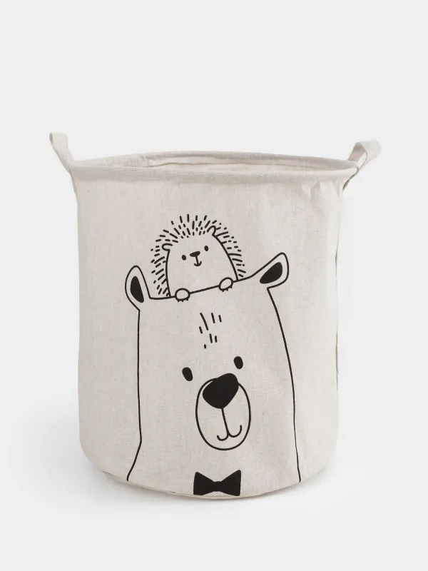 Storage bag, 35x40 cm, with handles, cotton/polyester, round, Milky, Bear and hedgehog, Funny world, image-0