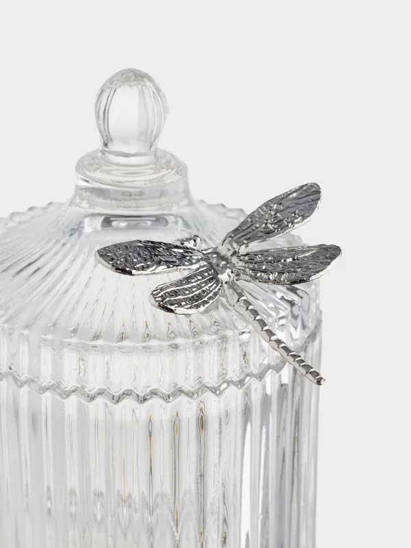 Candy bowl, 17x10 cm, 550 ml, with lid, glass R / metal, Silver dragonfly, Selene, image-1