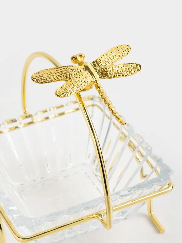 Bowl, 12x12x5 cm, 250 ml, on a stand, gold, glass / metal, Dragonfly, Dragonfly, image-4